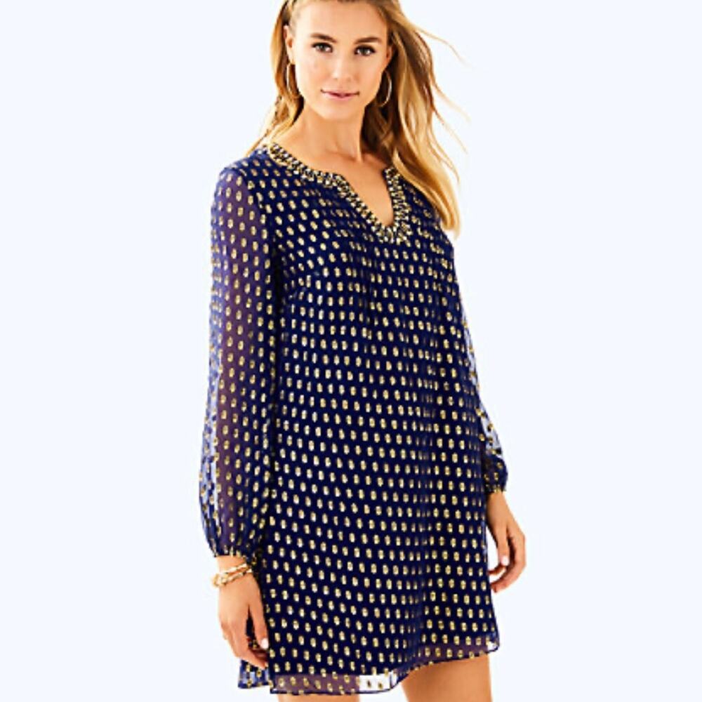 LILLY PULITZER Colby Silk Long Sleeve Tunic Blue Gold 2